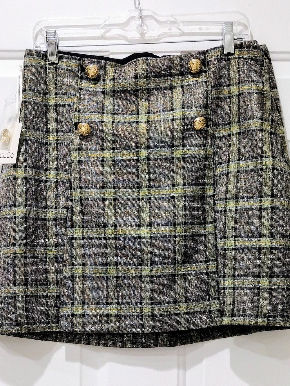CeCe Sz 12 Olive and Gray Plaid Double-Breasted A-Line Skirt